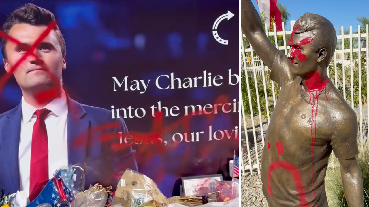 Charlie Kirk'in heykeli, suikastının 1. yıl dönümünden günler sonra kırmızı boyayla tahrip edildi ve İsa'nın adı çizildi